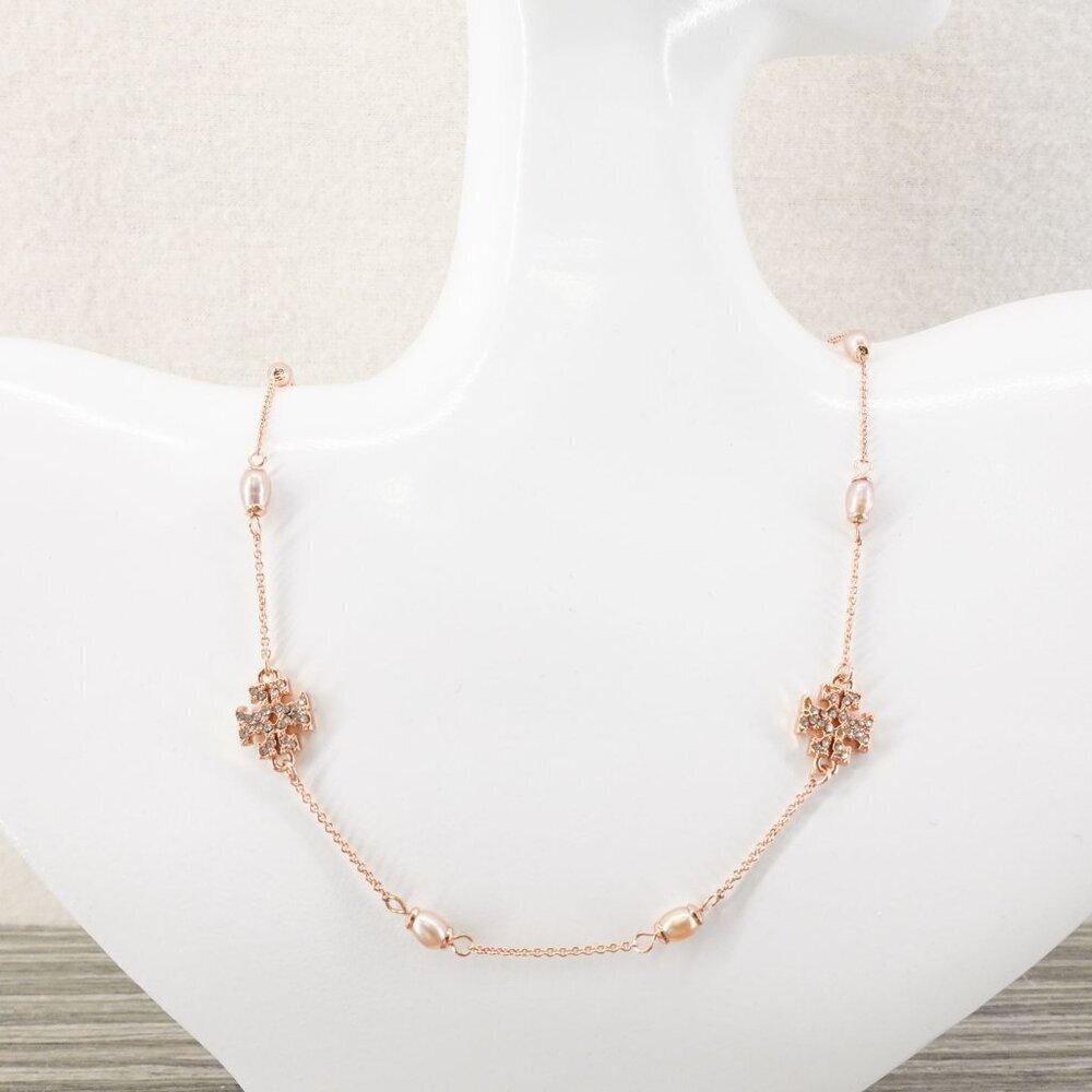 Tory Burch Gemstones and Pearl Necklace Rose Gold OS - Picture 4 of 12
